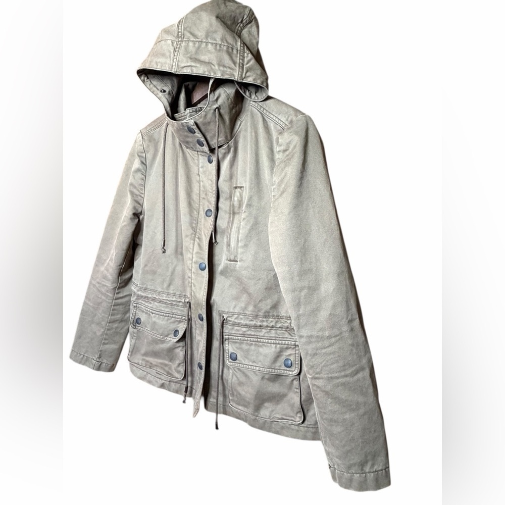 LOFT Tan Hooded field barn Jacket Button front and zipper cinched waist-SZ M - Picture 3 of 12
